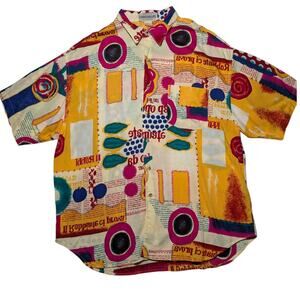 Vintage Unionbay 90s Rayon Abstract Geometric Type Shirt XL Made in Hong Kong